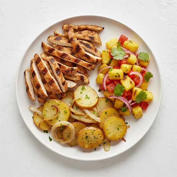 Zesty Charred Chicken & Potato Lyonnaise with a Pacific Pineapple Medley